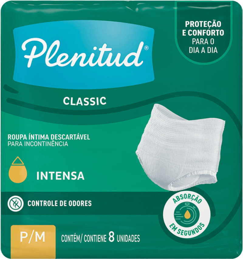 Roupa-Intima-Fralda-Calca-Descartavel-para-Incontinencia-Unissex-Plenitud-Classic-P-M-Pacote-8-Unidades