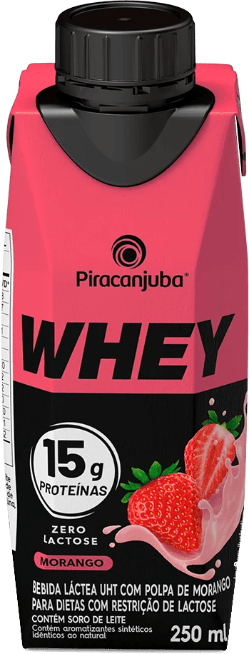 Bebida Láctea UHT com Polpa de Morango Zero Lactose para Dietas com Restrição de Lactose 15g Proteínas Piracanjuba Whey Caixa 250ml