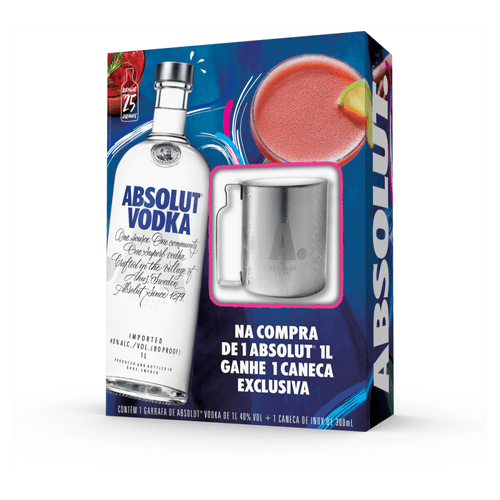 Kit Vodka Destilada Absolut 1l Grátis Caneca Exclusiva de Inox de 300ml