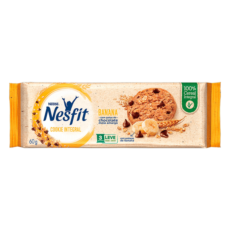 Biscoito-Cookie-Integral-Banana-com-Gotas-de-Chocolate-Meio-Amargo-Nesfit-Pacote-60g-3-Unidades