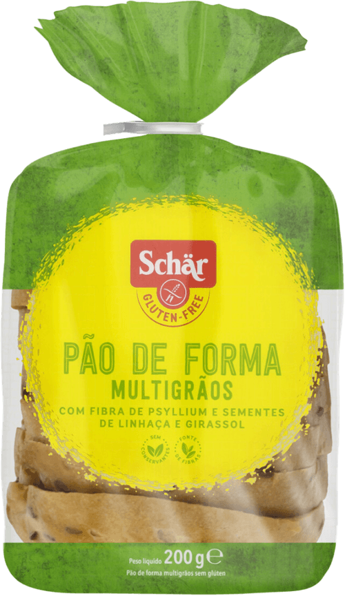 Pão de Forma Multigrãos com Fibra de Psyllium e Sementes de Linhaça e Girassol sem Glúten Schär Pacote 200g 10 Unidades