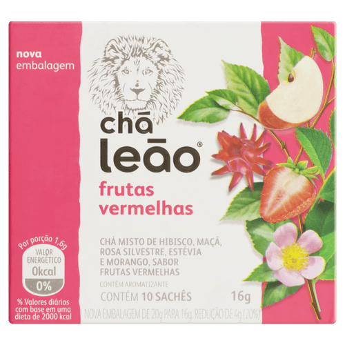 Chá Misto de Frutas Vermelhas Hibisco, Maçã, Rosa Silvestre, Estévia e Morango Chá Leão Caixa 16g 10 Unidades