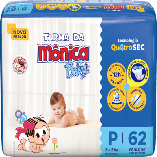 Fralda Descartável Turma da Mônica Baby P 3 a 5kg Pacote 62 Unidades