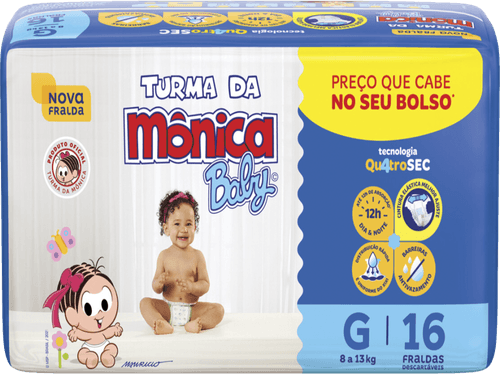 Fralda Descartável Turma da Mônica Baby G 7 a 11kg Pacote 16 Unidades Preço que Cabe no seu Bolso