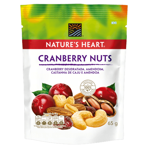 Mix de Frutas e Sementes Cranberry Nuts Desidratada, Amendoim, Castanha-de-Caju e Amêndoa Nature's Heart Pouch 65g