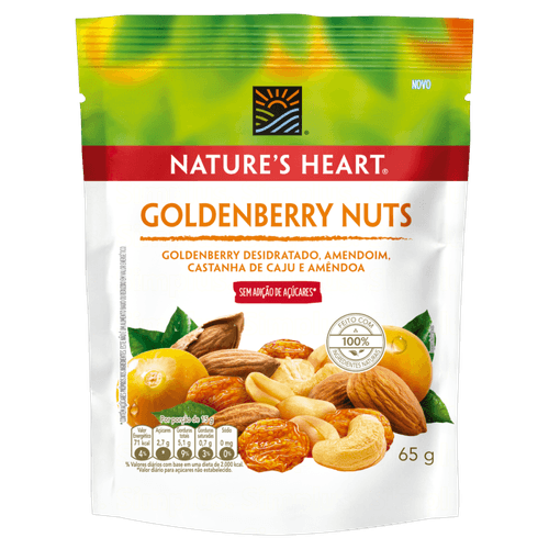 Mix de Frutas e Sementes Goldenberry Nuts Desidratado, Amendoim, Castanha-de-Caju e Amêndoa sem Adição de Açúcar Nature's Heart Pouch 65g