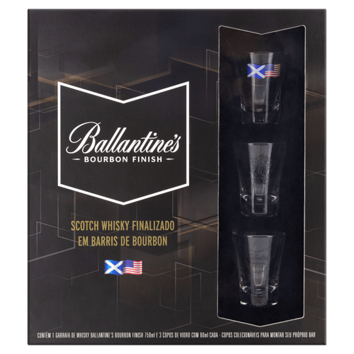 Kit 3 Copos 60ml Cada + 1 Whisky Escocês Bourbon Finish Ballantine's 750ml