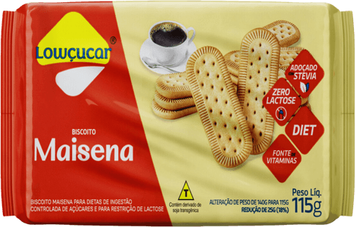 Biscoito Maisena Diet Zero Lactose para Dietas de Ingestão Controlada de Açúcares e para Restrição de Lactose Lowçucar Pacote 115g