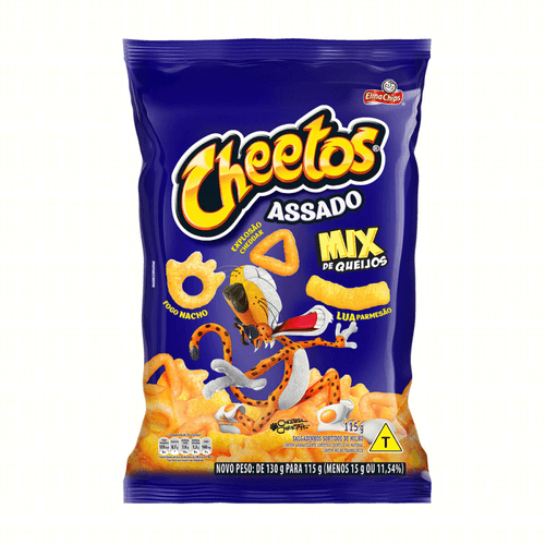 Salgadinho de Milho Assado Mix de Queijos Fogo Nacho, Explosão Cheddar e Lua Parmesão Elma Chips Cheetos Pacote 115g