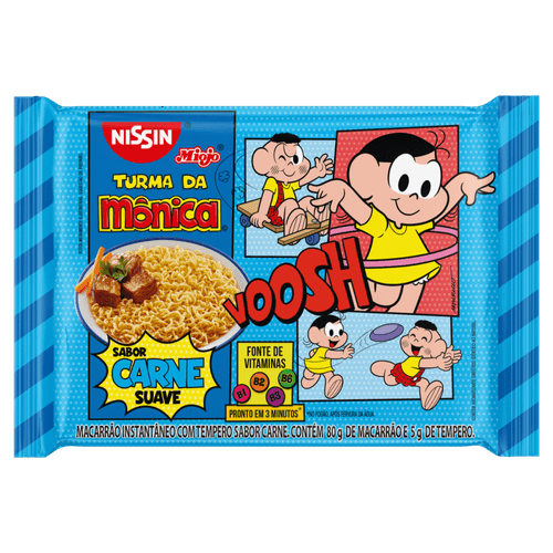 Macarrão Instantâneo Lámen com Tempero de Carne Suave Turma da Mônica Nissin Miojo Pacote 85g Sendo 80g de Macarrão e 5g de Tempero