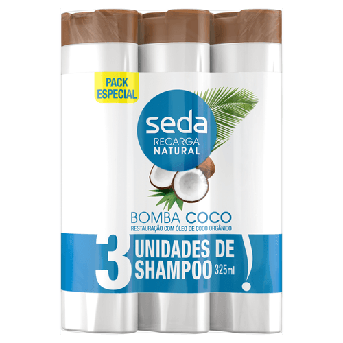 Shampoo Restauração com Óleo de Coco Orgânico Seda Recarga Natural Bomba Coco Frasco 3 Unidades 325ml Cada