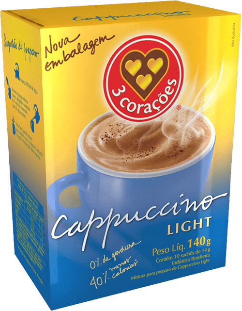 Mistura para Preparo de Cappuccino Solúvel Light 3 Corações Caixa 140g 10 Unidades de 14g Cada