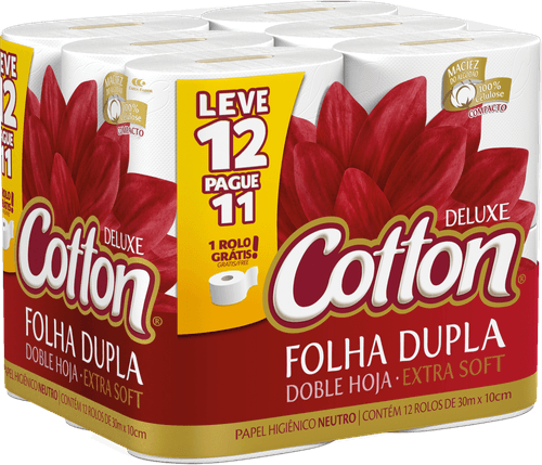 Papel Higiênico Folha Dupla Deluxe Cotton 30m Pacote Leve 12 Pague 11 Unidades