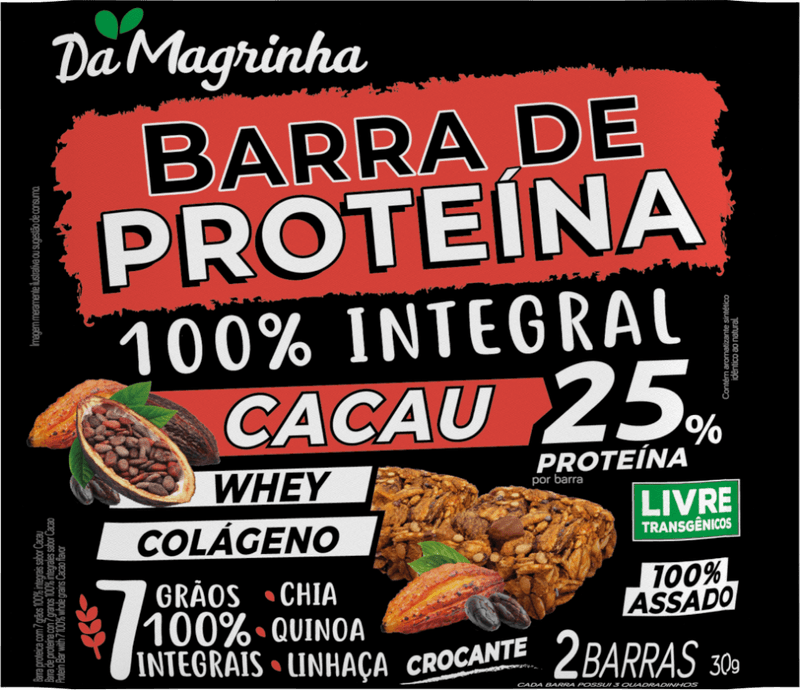 Barra-de-Proteina-7-Graos-100--Integral-Cacau-Da-Magrinha-Pacote-30g-2-Unidades-com-3-Quadradinhos-Cada