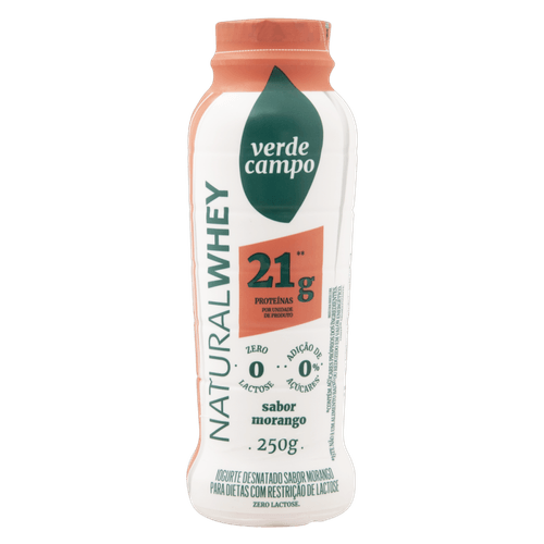 Iogurte Desnatado Morango Zero Lactose para Dietas com Restrição de Lactose sem Adição de Açúcar Verde Campo Natural Whey 21g de Proteína Frasco 250g