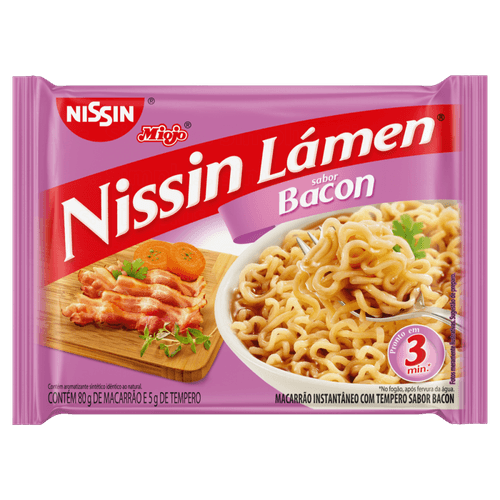 Macarrão Instantâneo Lámen com Tempero de Bacon Nissin Miojo Pacote 85g Sendo 80g de Macarrão e 5g de Tempero