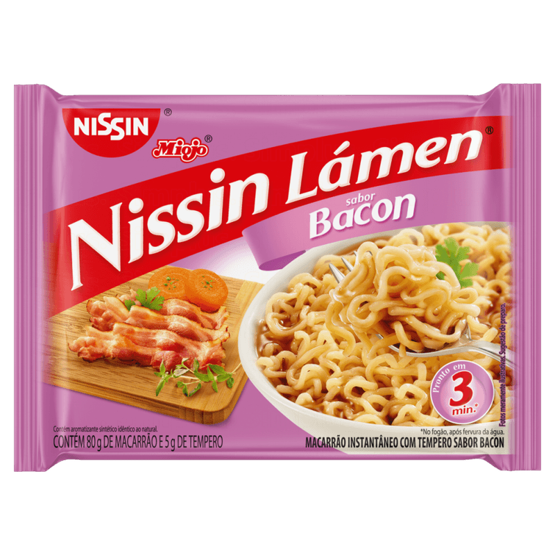 Macarrao-Instantaneo-Lamen-com-Tempero-de-Bacon-Nissin-Miojo-Pacote-85g-Sendo-80g-de-Macarrao-e-5g-de-Tempero