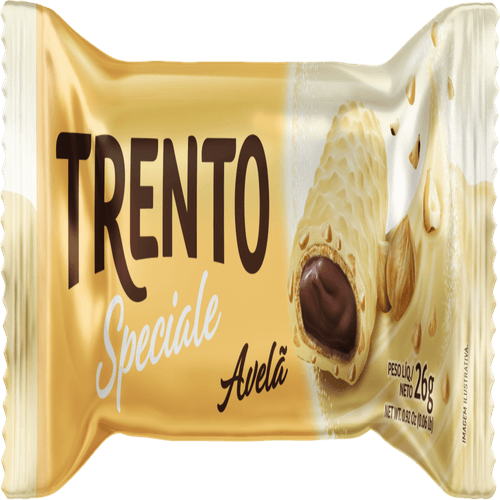 Wafer Recheio Creme de Avelã Cobertura Chocolate Branco e Pedaços de Avelã Trento Speciale Pacote 26g