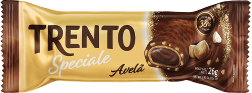 Wafer Recheio Creme de Avelã Cobertura Chocolate ao Leite 38% Cacau e Pedaços de Avelã Trento Speciale Pacote 26g
