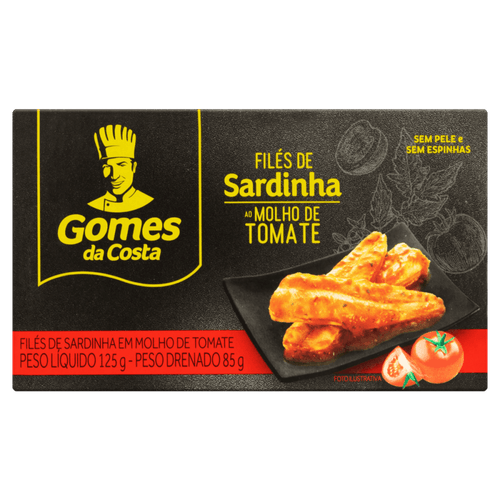 Filé de Sardinha ao Molho de Tomate sem Pele sem Espinhas Gomes da Costa Caixa Peso Líquido 125g Peso Drenado 85g