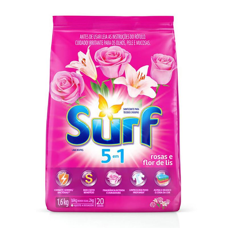 Sanitizante-Lava-Roupas-em-Po-5-em-1-Rosas-e-Flor-de-Lis-Surf-Pacote-16kg