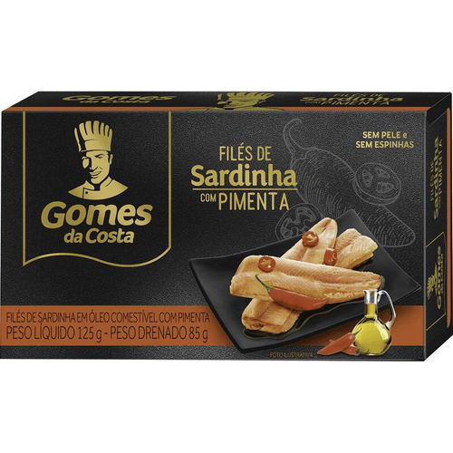 Filé de Sardinha com Óleo Comestível com Pimenta sem Pele sem Espinhas Gomes da Costa Caixa Peso Líquido 125g Peso Drenado 85g