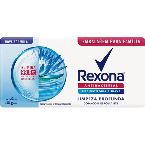 Sabonete em Barra Antibacterial Rexona Limpeza Profunda Envoltório 6 Unidades 84g Cada Embalagem Família