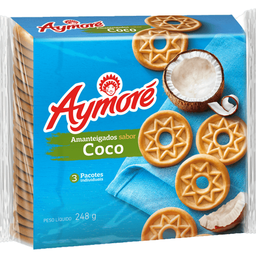 Biscoito Amanteigado Coco Aymoré Pacote 248g 3 Unidades de 82,7g Cada