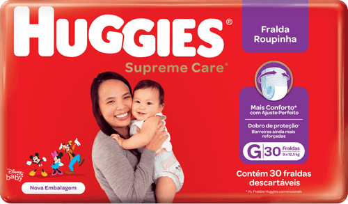 Fralda Descartável Infantil Roupinha Huggies Supreme Care G 9 a 12,5kg Pacote 30 Unidades