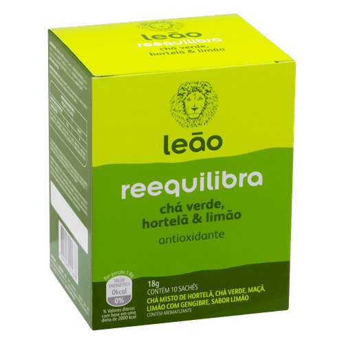 Chá Misto Verde de Hortelã, Maçã e Limão com Gengibre Antioxidante Leão Reequilibra Caixa 18g 10 Unidades