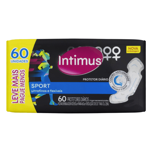 Protetor Diário sem Abas Ultrafino e Flexível Intimus Sport Pacote 60 Unidades Leve Mais Pague Menos