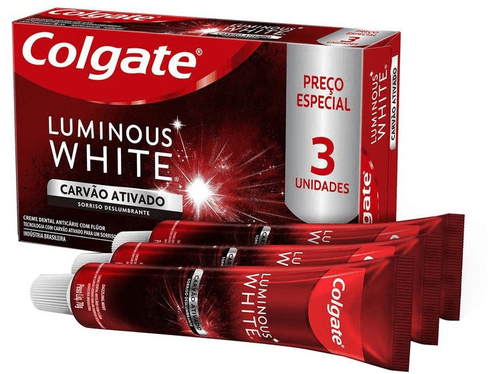 creme dental anticárie com flúor carvão ativado dazzling mint colgate luminous white caixa 3 unidades 70g cada preço especial