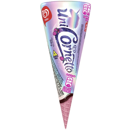 Sorvete Morango com Calda de Chantilly e Confeitos Coloridos de Chocolate Branco em Casquinha de Biscoito Uni Kibon Cornetto 59g