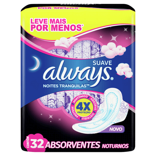 Absorvente com Abas Suave Always Noturno Grande Pacote 32 Unidades Grátis 4 Absorventes