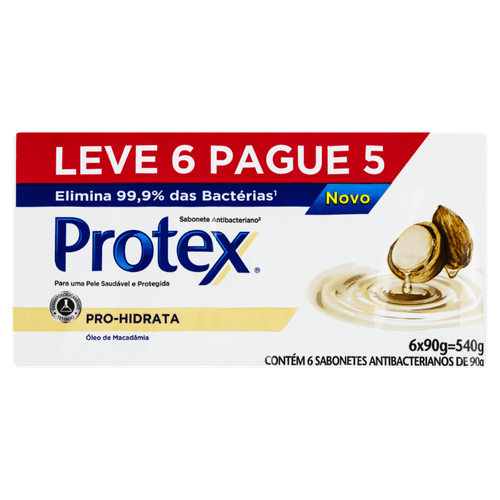 Sabonete em Barra Antibacteriano Macadâmia Protex Pro-Hidrata Envoltório 540g Leve 6 Pague 5 Unidades de 90g Cada