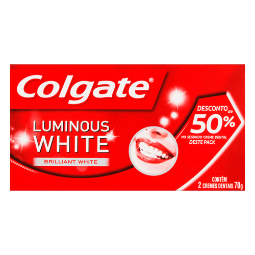 Creme Dental Anticárie Brilliant Mint com Flúor Colgate Luminous White Caixa 2 Unidades 70g Cada Grátis 50% Desconto na 2ª Unidade