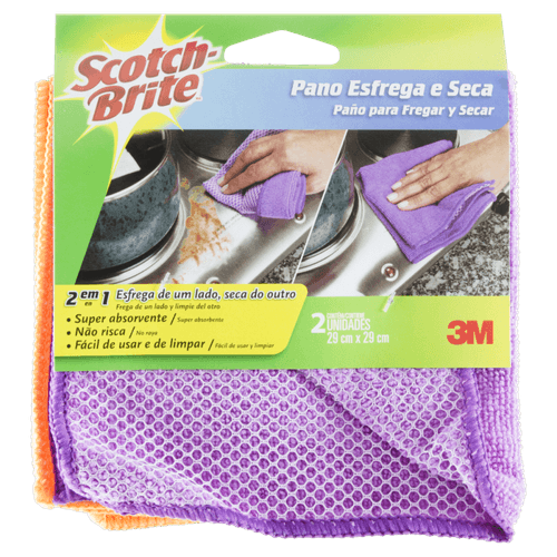 Pano Multiuso 2 em 1 Esfrega e Seca Scotch-Brite 29cm x 29cm com 2 Unidades