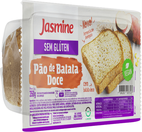 Pão de Forma Fatiado Tipo Sanduíche de Batata-Doce sem Glúten Vegano Jasmine Bandeja 350g