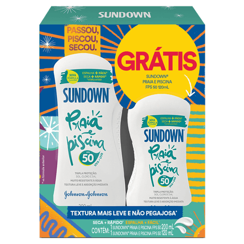 Kit Protetor Solar FPS 50 Sundown Praia e Piscina 200ml Grátis 80% de Desconto no Protetor Solar FPS 50 120ml