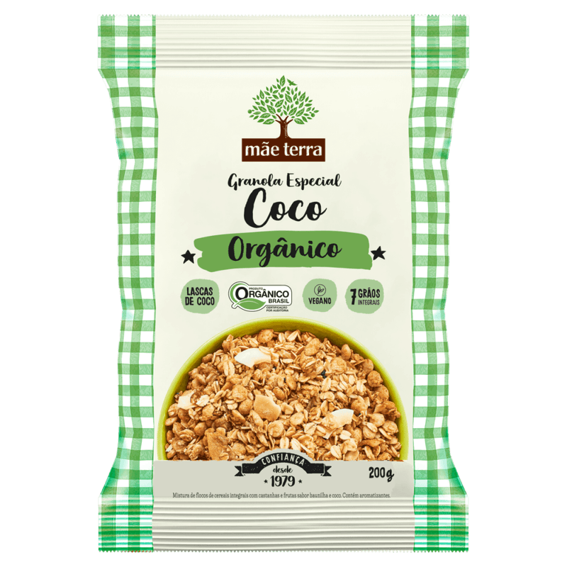 Mistura-de-Flocos-de-Cereais-Integrais-Granola-Especial-Organica-Coco-com-Castanhas-e-Frutas-Baunilha-Mae-Terra-Pacote-200g