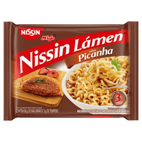 Macarrão Instantâneo Lámen com Tempero de Picanha Nissin Miojo Pacote 85g Sendo 80g de Macarrão e 5g de Tempero