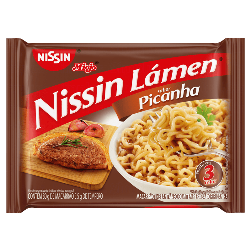 Macarrao-Instantaneo-Lamen-com-Tempero-de-Picanha-Nissin-Miojo-Pacote-85g-Sendo-80g-de-Macarrao-e-5g-de-Tempero