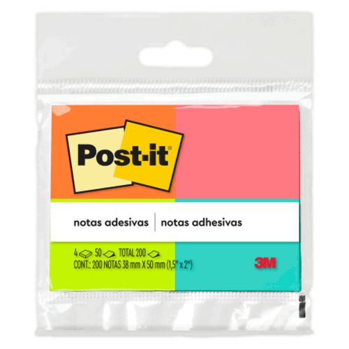 Bloco de Notas Adesivas Post-it 38mm x 50mm 4 Unidades 200 Folhas