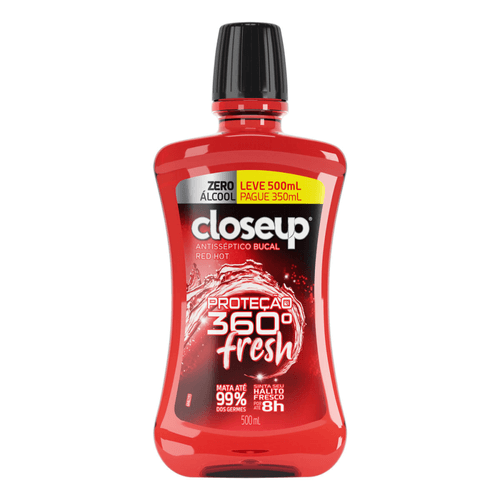 Enxaguante Bucal Antisséptico Zero Álcool Red Hot Closeup Proteção 360° Fresh Frasco Leve 500ml Pague 350ml