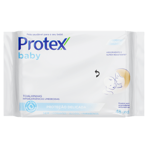 Lenços Umedecidos para bebês Protex Baby Delicate Care Embalagem com 48 lenços