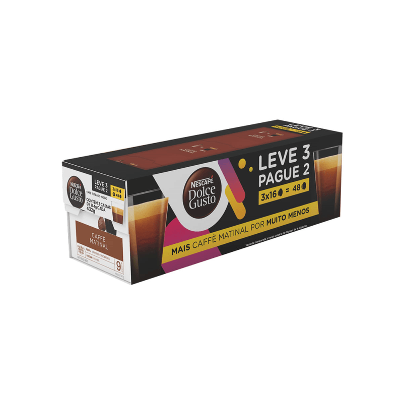 Cafe-em-Capsula-Torrado-e-Moido-Caffe-Matinal-Nescafe-Dolce-Gusto-Caixa-432g-Leve-3-Pague-2-Unidades-de-144g-Cada-com-16-Capsulas-Cada