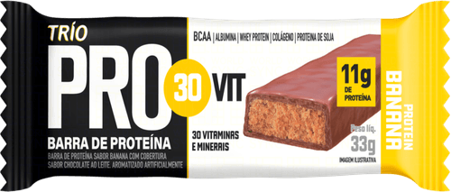 Barra de Proteína Banana Split Cobertura Chocolate ao Leite Trío Protein Pacote 33g