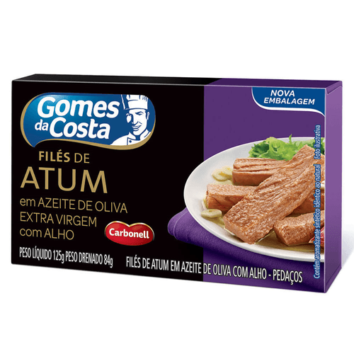 Filé de Atum em Pedaços em Azeite de Oliva Extra Virgem com Alho Gomes da Costa Caixa Peso Líquido 125g Peso Drenado 84g