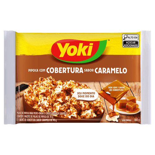 MIlho de Pipoca para Micro-Ondas Cobertura Caramelo Yoki Pacote 160g Sendo 70g de Milho e 90g de Cobertura