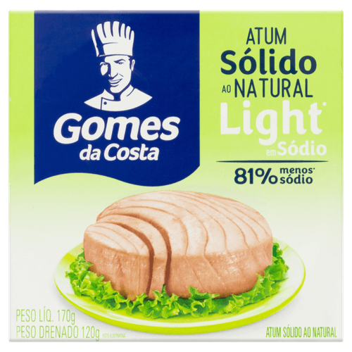 Atum Sólido ao Natural Light em Sódio Gomes da Costa Caixa Peso Líquido 170g Peso Drenado 120g